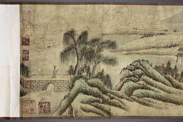 CHINESE SCROLL PAINTING SIGNED WANG MENG: L: 233 3/4 in.(593.5cm) x W: 9 in.(23cm)
