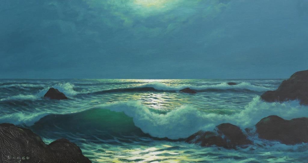 FRANCOIS (CARBUCCIA) CARBU, FRENCH (1896 - UNKOWN): Depicts roaring waves crashing coastal rocks under moonlight.. Signature on bottom left to read Carbu. Francois (Carbuccia) Carbu, was a French artist who was known for painting of seacapes and boats.