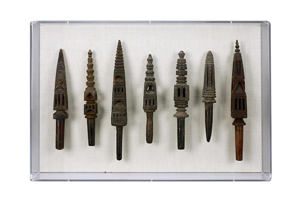 SIX TIBETAN SPEAR FRAGMENTS: In frame. L: 12 1/2 in.(31.5cm)