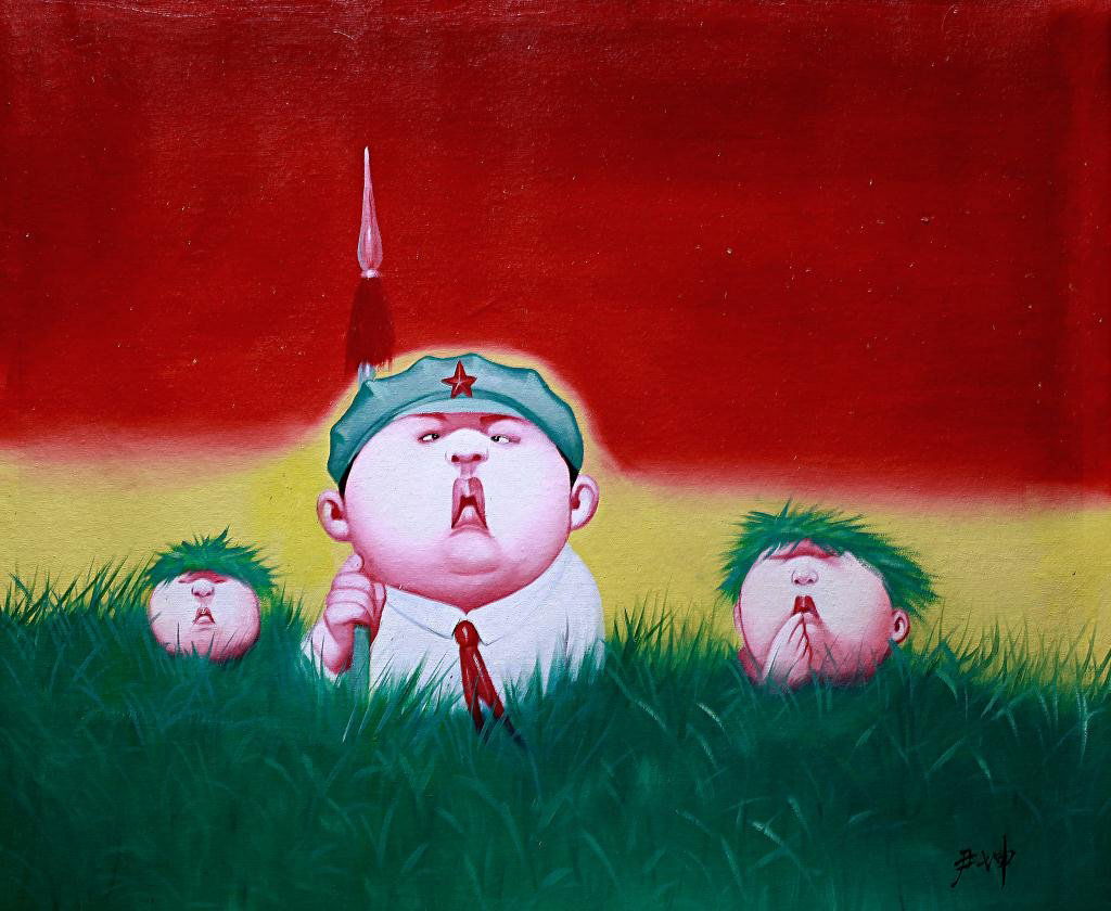 CHINESE OIL PAINTING ON CANVAS: Signature to read Yin Kun. Depicting young pioneers in Chinese culture revolution. L: 24 3/4 in.(63cm) x W: 20 5/8 in.(52.5cm)