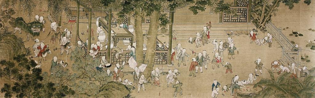 CHINESE SCROLL PAINTING OF HUNDRED CHILDREN: Signature to read Leng Mei. Leng Mei (About 1669-1742), he was a court painter in Qing Dynasty. Good at drawing portrait painting. L: 77 3/8 in.(196.5cm) x W: 19 1/4 in.(49cm