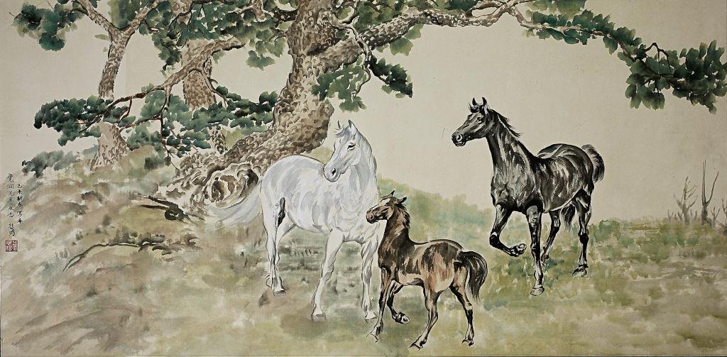 CHINESE PAINTING OF HORSES: Signature to read Xu Bei Hong. Xu Beihong (1895-1953) was born in Yixing, China. He was primarily known for his Chinese ink paintings of horses and birds and one of artistic expressions that reflected