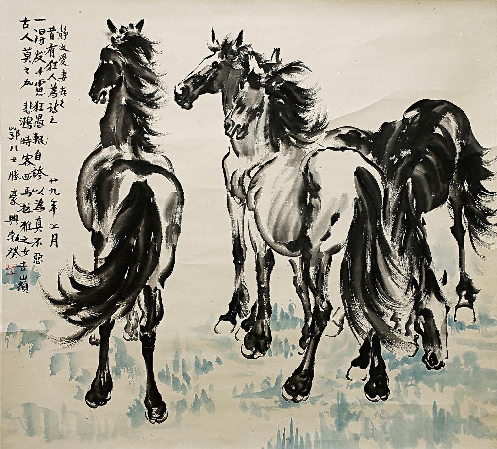 CHINESE SCROLL PAINTING OF HORSES: Signature to read Xu Beihong. Xu Beihong (1895-1953), was born in Yixing, China. He was primarily known for his Chinese ink paintings of horses and birds and one of the first Chinese artists to articu