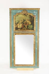 FRENCH PAINTED & PARCEL GILT TRUMEAU: the canvas depicting figures in a landscape; Condition: loss to gilding and painting; glass mirror plate loose in frame; the painting: 13 x 14 1/2 inches; 44 x 22 total inches