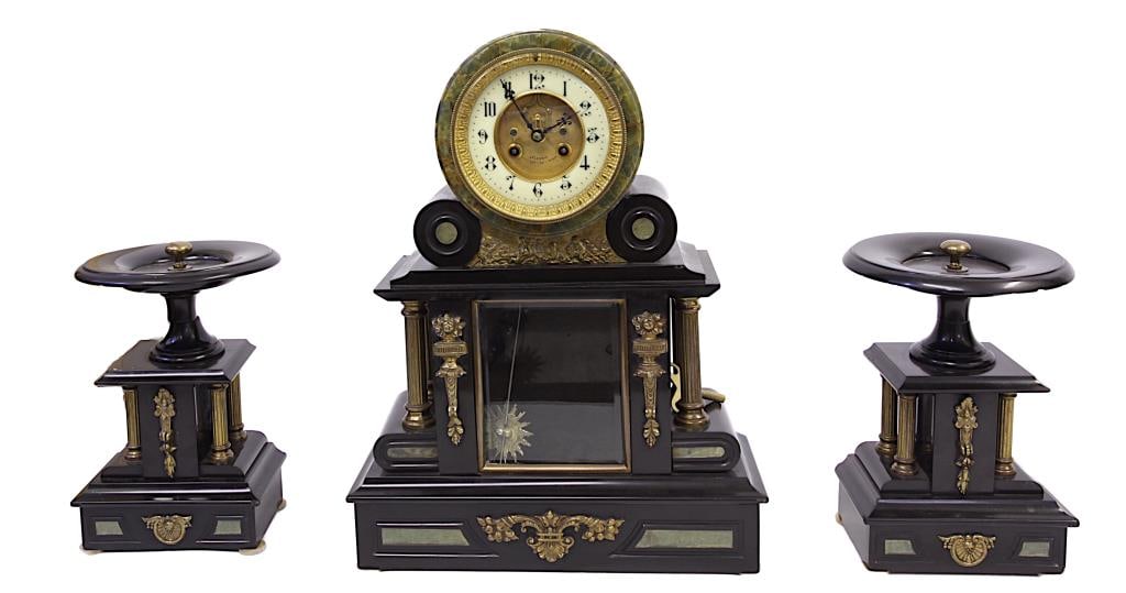FRENCH THREE-PIECE BLACK SLATE CLOCK SET (1 of 1)