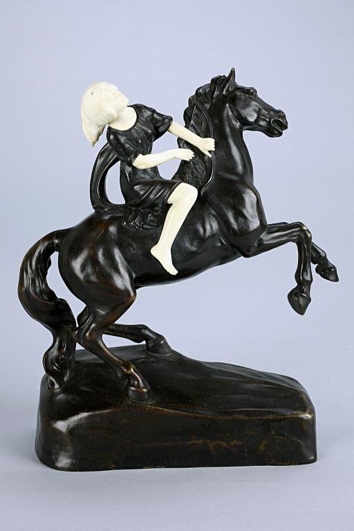 AUSTRIAN BRONZE AND IVORY GIRL ON A HORSE,SIGNED: H: 8 7/8 in. (22.5cm) x L: 8 1/4 in. (21cm), by Peter Tereszczuk