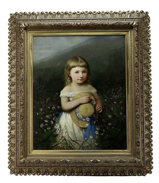 OIL ON CANVAS OF DAISY SMITH GRUBB MORRIS: Frederick A Sprang portrait (Pennsylvania/California, 1834-1891),portrait of Daisy Smith Grubb Morris as a young child, in mountain landscape surrounded by daisies, signature to read on lower left F.