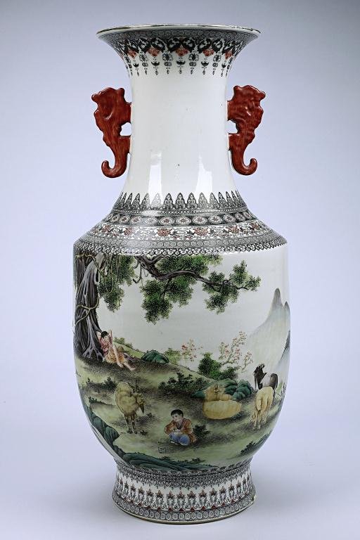 CHINESE FAMILLE ROSE FIGURAL VASE: Together with Wang Qi, Deng Bishan, Wang Yeting, Tian Hexian, Xu Zhongnan, Chen Yiting, Liu Yucen, He Xuren and Bi Botao, Wang Dafan, is one of the Eight Friends of Zhushan. The Eight Friends of Zhush