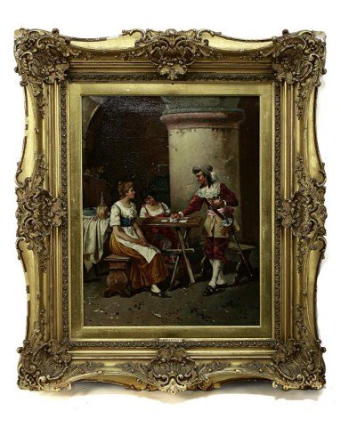 19TH CENTURY FRENCH OIL PAINTING ON CANVAS: Depicting a game of cards, with a cavalier with two women, signed lower right "Pellerin" with conjoined monogram, in late 19th Century gilt-wood and composition French style frame. H: 27 7/8 in.(71cm)
