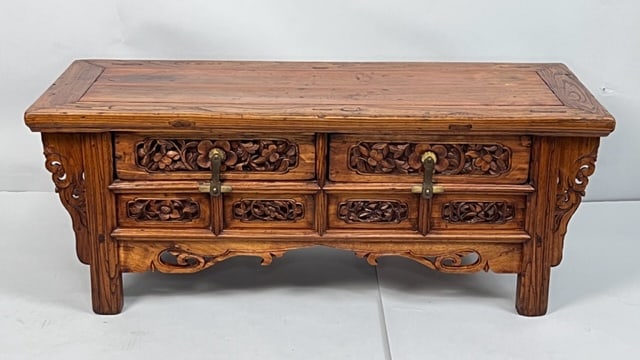 CHINESE SHORT WOODEN TABLE: Size: H: 15 3/4 in. L: 40 1/2 in. W: 15 3/4 in.