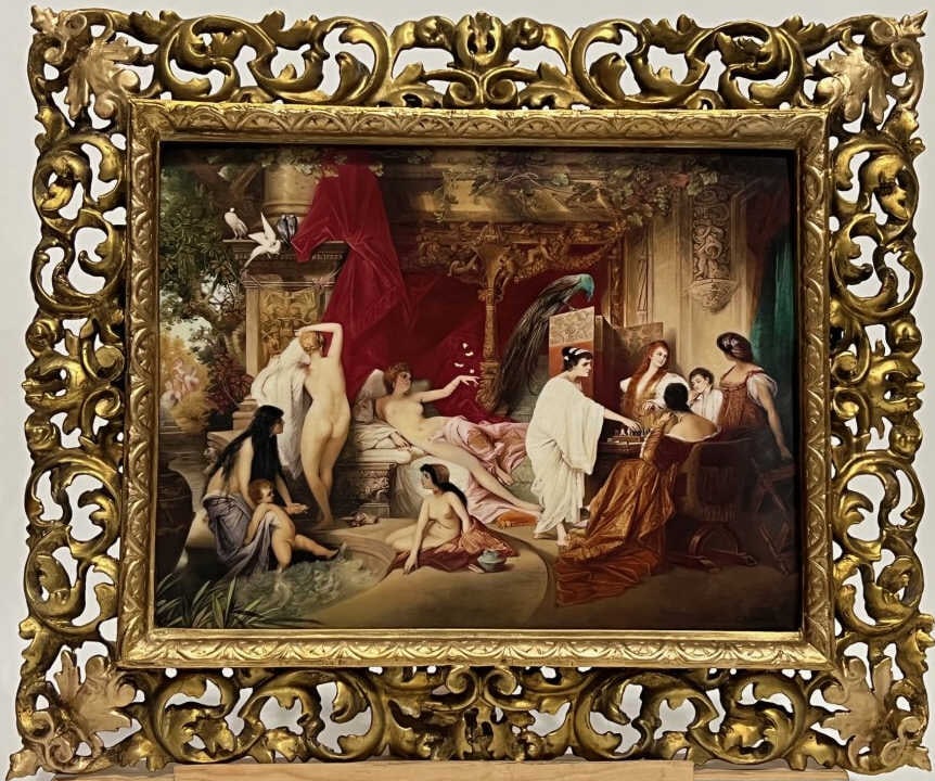 A FINE PLAQUE OF GODDESSES IN A PARLOR: Plaque within a beautiful giltwood frame. Impressed mark on the back. Lot is in perfect condition.With Frame: L: 22 in. H: 18 3/4 in.Without Frame (Plaque Only): L: 16 in. H: 12 in.