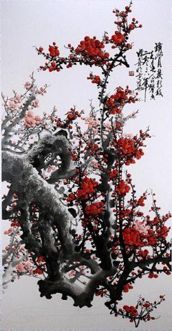 FRAMED PAINTING OF PLUM BLOSSOM, DATED 2006: Signature to read Wang Cheng Xi (1940-). L: 52 1/2 in.(133.5cm) x W: 26 1/2 in.(67.5cm) Wang Chengxi (1940~), original name is Wang Chenglin. He graduated from The Central Academy of Fine Arts. Good a