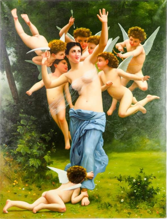OIL PAINTING ON CANVAS OF VENUS AND ANGELS: Love goddess Venus in a blue robes in the field, surrounding by seven angels.