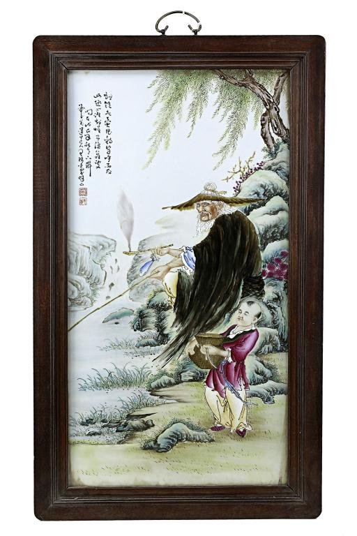 CHINESE PORCELAIN PANEL PAINTING: Signature to read Wang Qi. H: 30 3/8 in.(77cm) x W: 15 7/8 in.(40.5cm)