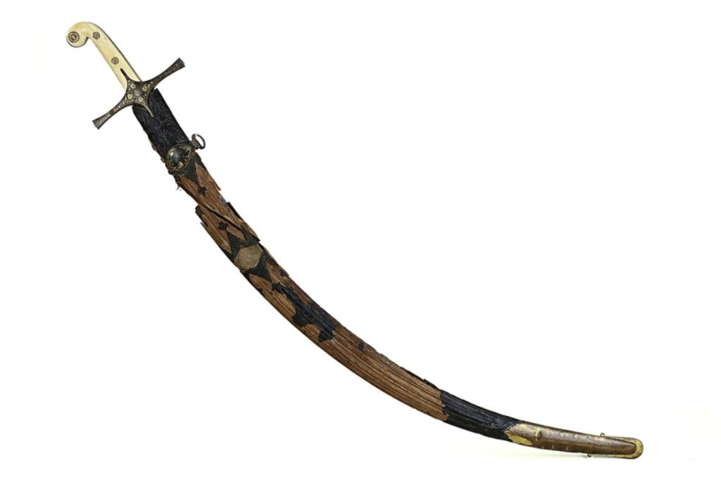 ANTIQUE PERSIAN SWORD (SAFAVIEH DYNASTY): with gold in-lay on the ivory handle and gold in-lay on the blade on four different framed writings (to translate, made by Esfahani, describing ali Allah). L: 40 5/8 in.(103cm)