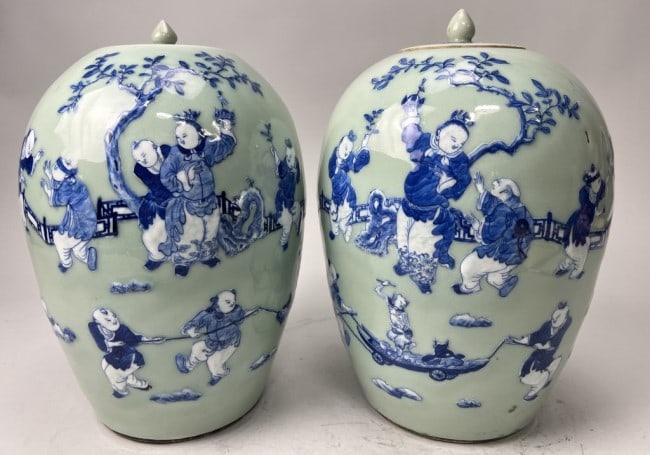PAIR OF CHINESE CELADON LIDDED MELON JARS (1 of 6)