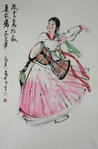 CHINESE PAINTING OF A BEAUTY PLAYING THE BONGO: Signature to read Huang Zhou L: 37 in.(94cm) x W: 24 1//2 in.(62cm)