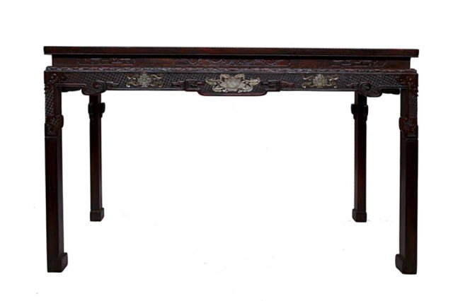CHINESE CARVED HARD WOOD ALTAR TABLE: With jade inlay. L: 53 1/2 in (136cm) x W: 19 3/4 in (50cm) x H: 33 1/2 in (85cm)