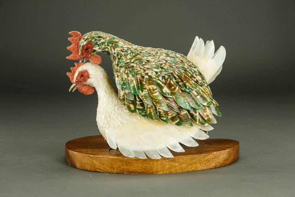 TWO CHICKENS WITH FEATHERS MADE OF CUT SEASHELLS (1 of 3)