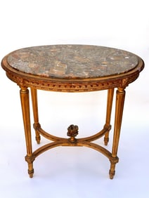 EUROPEAN OVAL GILTWOOD TABLE WITH MARBLE TOP
