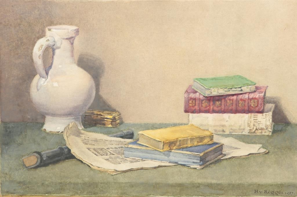 STILL LIFE PAINTING BY H.V. ROGGEN: A painting on paper that depicts books, paper and a water jar on table. Signature on bottom right to read H. V. Roggen 1937. H: 14 1/2 in. L: 21 in.