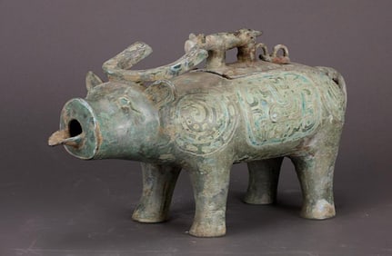 CHINESE STONE INLAID BRONZE WINE VESSEL OF AN OX