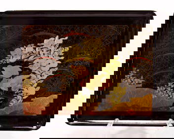JAPANESE BLACK LACQUER TRAY WITH BIRD DESIGN