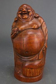 CARVED BAMBOO FIGURE OF A HAPPY BUDDHA