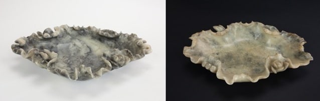TWO CHINESE CARVED SOAPSTONE LILY PAD BRUSH WASHER