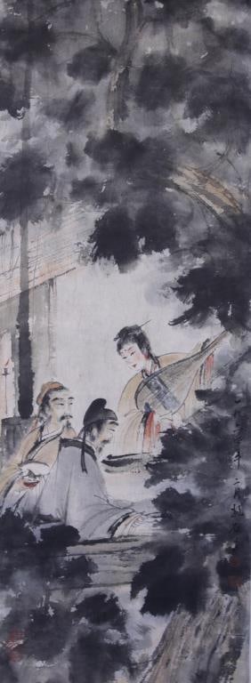 CHINESE SCROLL PAINTING OF MUSICIANS: Signature to read Bao Shi. H: 25 3/4 in. L: 9 3/4 in.