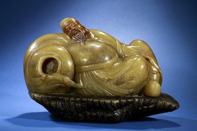 CHINESE SOAPSTONE FIGURE OF A POET: L: 10 1/2 in.(26.5cm) x H: 6 1/2 in.(16.5cm)