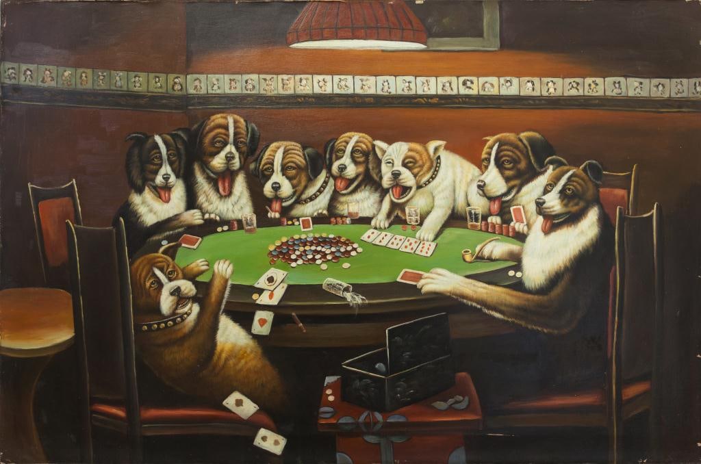 OIL ON CANVAS PAINTING OF DOGS PLAYING POKER (1 of 1)