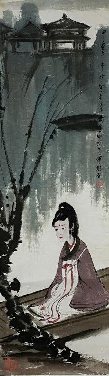 CHINESE SCROLL PAINTING OF A BEAUTY: Signature to read Fu Bao Shi. H: 40 3/4 in. x W: 12 1/8 in.