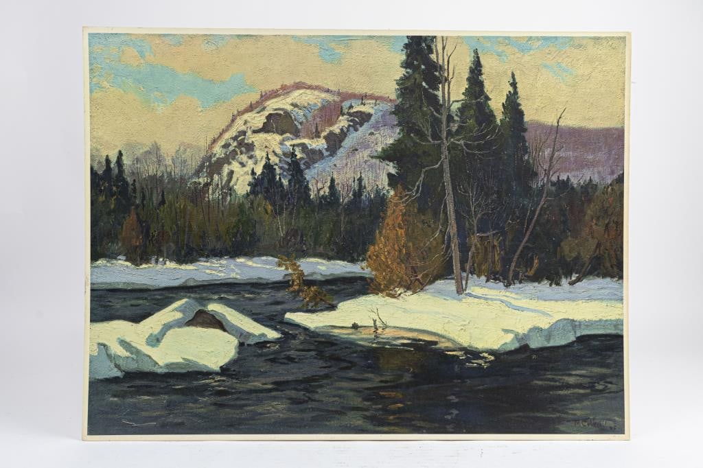 MAURICE GALBRAITH CULLEN, CANADIAN (1866 - 1934): A beautiful print that depicts a winter landscape. Signature on bottom right to read M Cullen 25. Maurice Galbraith Cullen was a prominent painter and influential educator. His mediums were oil, water