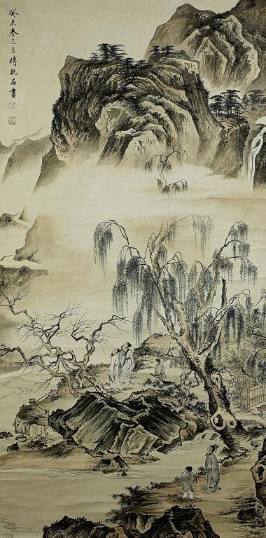 CHINESE SCROLL PAINTING OF A LANDSCAPE: Signature to read Fu Baoshi. H: 51 7/8 in.(132cm) x W: 25 7/8 in.(66cm)