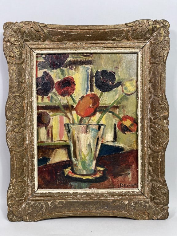 FRANCOIS DESNOYER, FRENCH (1894 - 1972): Giltwood framed. An oil on board painting of blossoming flowers in a vase. Signed on bottom right to read Francois Desnoyer. François Desnoyer was a French Impressionist &Modern painter who was born