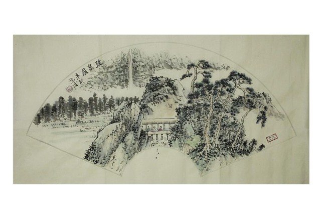 SIX CHINESE WATERCOLOR PAINTINGS ON PAPER: In the shape of fans. Signature to read Shen Xu (1949~). L: 25 in.(63.5cm) x W: 12 3/4 in.(32.5cm)