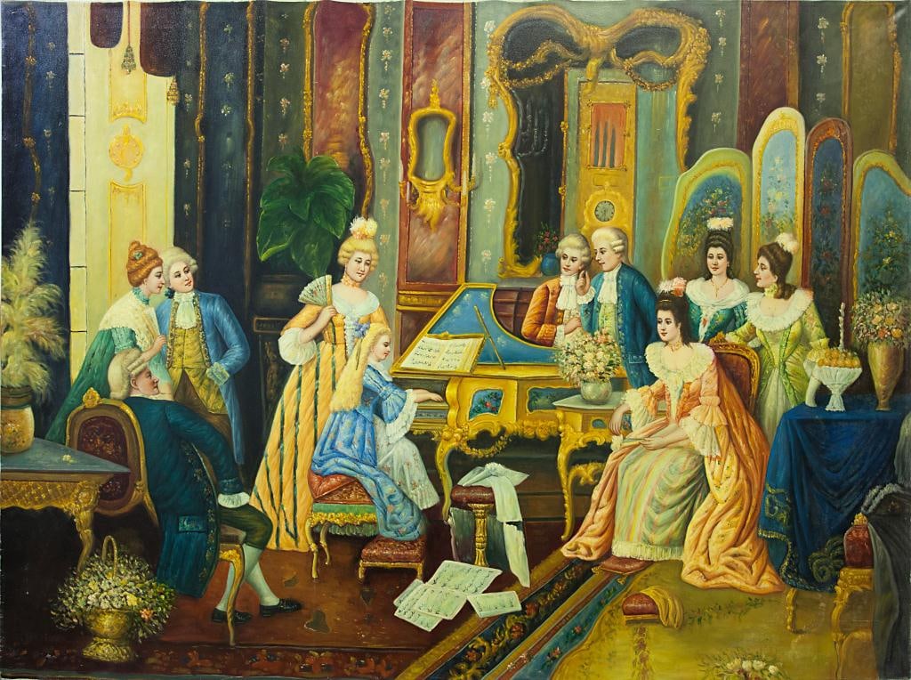 LARGE PAINTING OF A ROYAL PIANO RECITAL: Oil on canvas painting depicting many noble people watching a young girl play piano within a large ballroom. H: 36 in., L: 48 in.