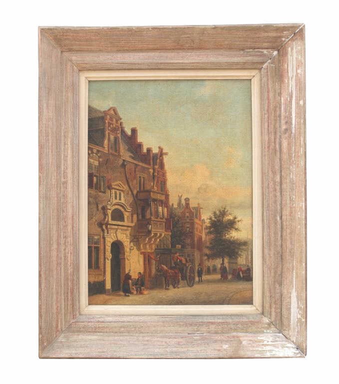 FRAMED OIL ON CANVAS PAINTING OF DUTCH CITY: Framed, an oil painting that depicts a Dutch city scene. Signature on bottom to read R. Brosse. H: 13 1/8 in. L: 11 1/8 in.