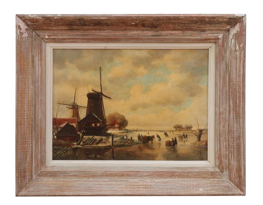 FRAMED OIL ON CANVAS PAINTING OF A DUTCH SCENE: Framed. An oil on canvas painting in fine details, depicts a Dutch town scene. Unsigned. H: 11 1/8 in. L: 15 1/8 in.
