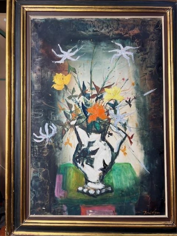 BERNARD LIGNON, FRENCH (1928 - ): Framed painting of potted blossoming flowers. Signed to read on bottom right to read Bernard Lignon. Bernard Lignon is a French Postwar & Contemporary painter. The record sold price for this artist in