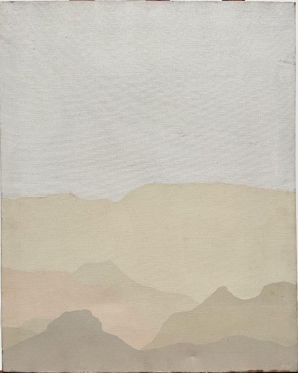 MODERN OIL ON CANVAS PAINTING OF MISTY MOUNTAIN: Unsigned. The art style resembles to artist, Robert Irwin. L: 24 in. H: 30 in.