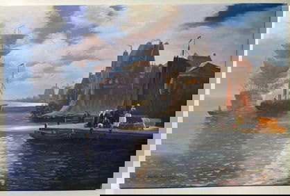 OIL ON CANVAS PAINTING OF A CITY PORT SCENE