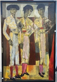 LARGE FRAMED CUBISM PAINTING, OF THREE MATADORS