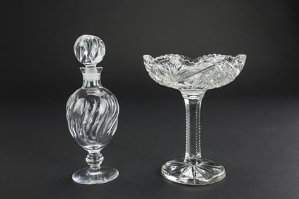 CUT CRYSTAL PERFUME BOTTLE AND CUT GLASS COMPOTE