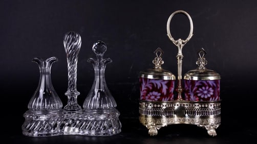 SIGNED BACCARAT CRYSTAL CRUET SET W/ ART GLASS JAR