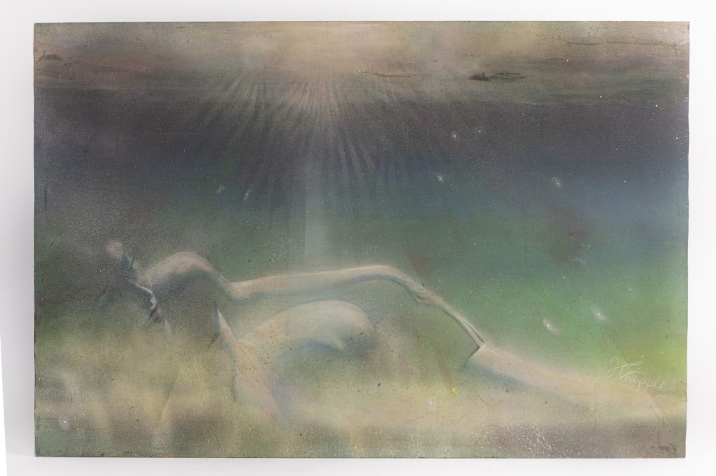 SKY JONES, AMERICAN (1947 - ): A modern painting of a goddess figure with light shining from above. Signed on bottom right to read Whipple. Sky Jones was born as Michael Whipple on October3, 1947 in Salt Lake City, Utah. He graduat