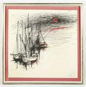 FRAMED MODERN DRAWING OF SHIPS