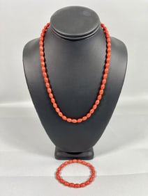 CHINESE RED CORAL SET OF NECKLACE & BRACELET