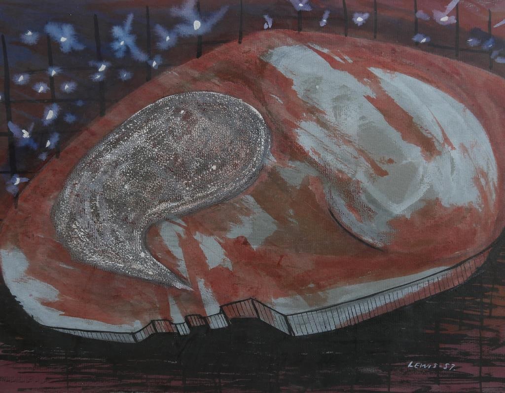 STANLEY LEWIS, CANADIAN (1930 - 2006): Oil painting of a land that is surrounded by a fence. Signature to read Lewis 57. Stanley Lewis (1930 - 2006) was known for sculpture and printmaking. He was regarded by many as a national treasure in